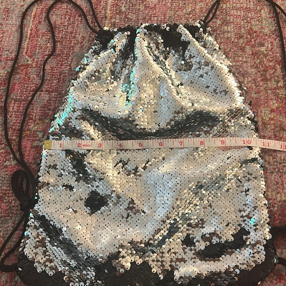 Silver + Black Sequin Drawstring Backpack - Picture 4 of 4